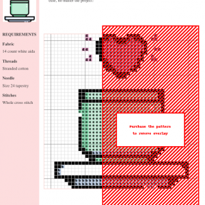 Cross stitch pattern design featuring a mint green teacup and saucer with a pink heart hovering above it.