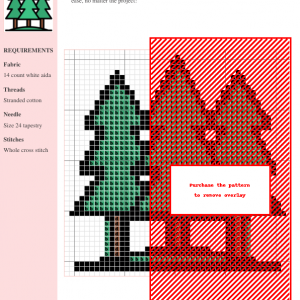 Cross stitch pattern depicting three stylized pine trees in shades of green and brown, set against a simple ground.