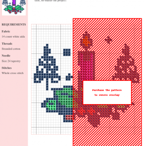 Image of a cross stitch pattern featuring a purple candle, holly berries, and stylized floral accents.