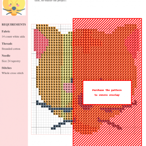 Image of a cross stitch pattern featuring a stylized cougar face in warm yellow and orange tones with pink cheeks and dark whiskers.