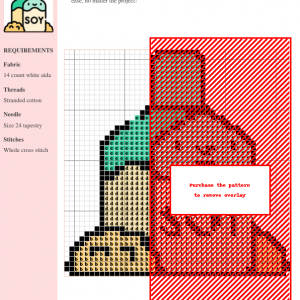 Image of a cross-stitch pattern featuring a cute cartoon soy milk carton with a smiling face, accompanied by soybeans.