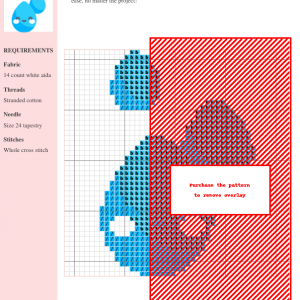 Cross stitch pattern featuring a design of three cute, smiling water droplets in shades of light and medium blue.