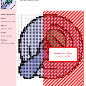 Image of a cross stitch pattern depicting a fork lifting a leaf onto a plate, symbolizing vegan food. The design is circular and features soft purple and teal colors.