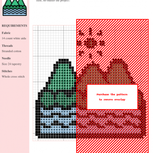Cross stitch pattern depicting a simplified landscape with three green mountains, a sun, and blue wavy water.