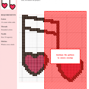Image of a cross stitch pattern featuring two musical notes adorned with pink hearts.