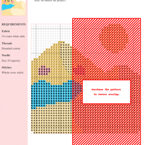 Cross stitch pattern featuring a cute, smiling sand dune with a small oasis at its base, under a bright yellow sun.