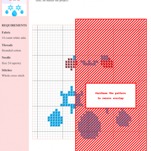 Cross stitch pattern featuring a cute, kawaii cloud design with a smiling face, showering sleet (snow and rain).