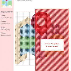 Cross stitch pattern depicting a folded map with a red location pin, ideal for travel-themed crafts.