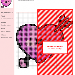 Cross stitch pattern of a cute pink heart pierced by two arrows, one from the left and one from the right.