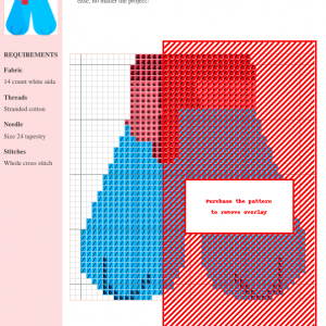 Cross stitch pattern depicting a pair of blue harem pants with a red sash or belt.