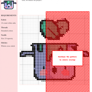 Cross stitch pattern of a cute, cartoon pot with dripping green contents and two leaves on top.