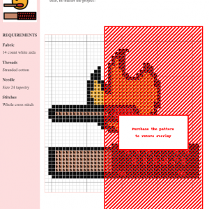 Cross stitch pattern depicting a lit match and a matchbox with a red and brown striped design.