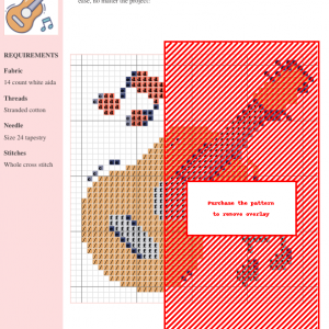 Cross stitch pattern featuring an acoustic guitar and musical notes. Perfect for music lovers and crafters.