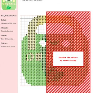 Image of a cross stitch pattern depicting a cute, cartoonish green tote bag with the word 'ORGANIC' and small leaves, perfect for eco-conscious crafters.