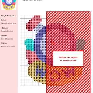Cross stitch pattern featuring a colorful stopwatch design with a 'WOW' banner, perfect for embroidery and needlepoint projects.