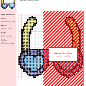 Cross stitch pattern design featuring a pair of heart-shaped sunglasses with pastel purple frames and light blue lenses.
