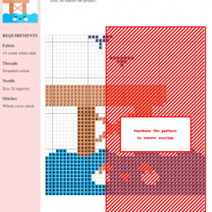 Cross stitch pattern depicting a cute, smiling dock over blue water with birds flying overhead and fluffy clouds.