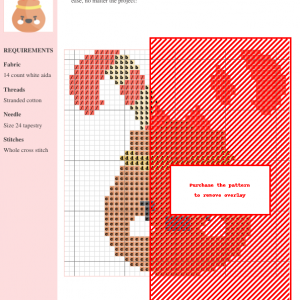 Cross stitch pattern design of a cute, grumpy-faced brown bag with two candy canes sticking out of the top.
