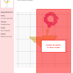 Cross stitch pattern design featuring a vibrant martini glass with a pink flower garnish. Perfect for cocktail lovers and craft enthusiasts.