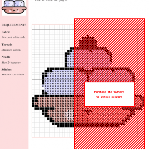 Cross stitch pattern featuring a whimsical illustration of three tofu blocks in a smiling bowl, accented with a tiny green garnish.