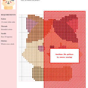 Cross stitch pattern featuring a cute calico cat with pastel orange, grey, and pink markings. The design is simple and charming, perfect for beginner stitchers.