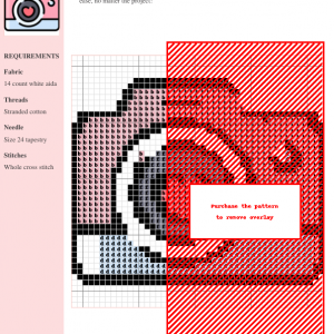 Cross stitch pattern of a pink camera with a red heart in the lens. Cute and charming design perfect for beginners.