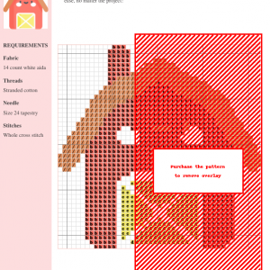 Cross stitch pattern depicting a charming, cartoonish red barn with a yellow X-shaped door and a smiling face.