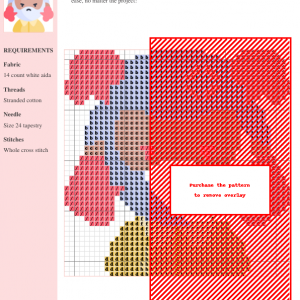 Cross stitch pattern featuring a cute, stylized character with an angry expression, surrounded by speech bubbles indicating anger. Predominantly red, white, and yellow.