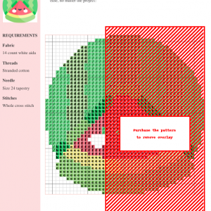 Cross stitch pattern featuring a cute cartoon watermelon slice peeking out from its rind. The design uses green, red, and yellow threads.