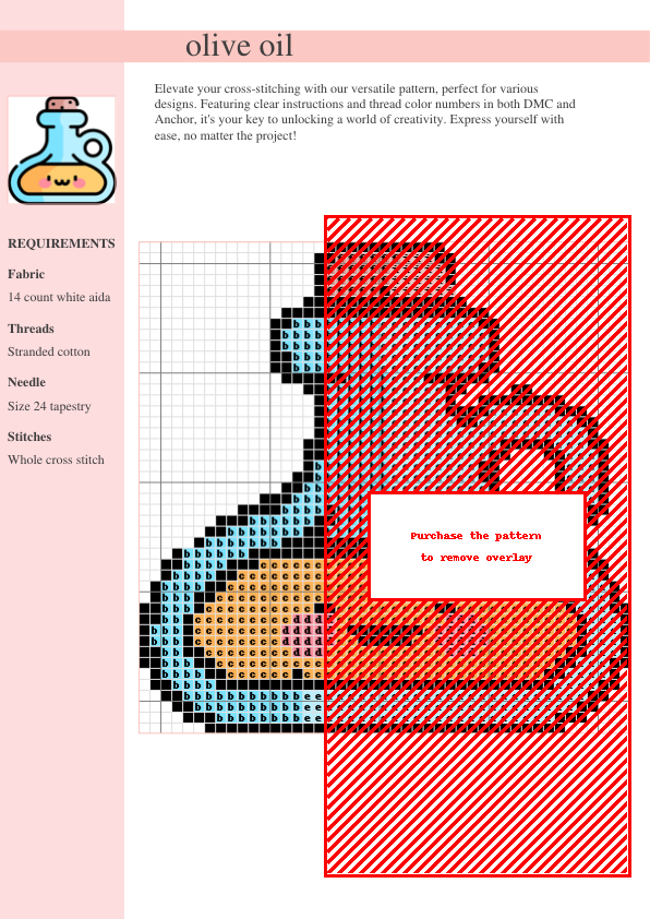 Image of a charming cross stitch pattern depicting a kawaii-style olive oil bottle with a cork.