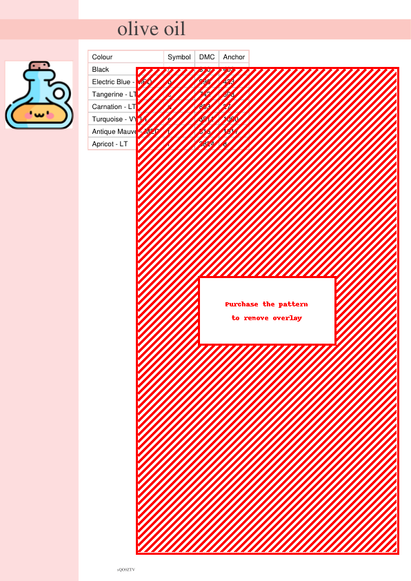 Cross stitch pattern featuring a cute, cartoonish olive oil bottle with a light blue glass body and yellow oil, complete with a cork stopper.