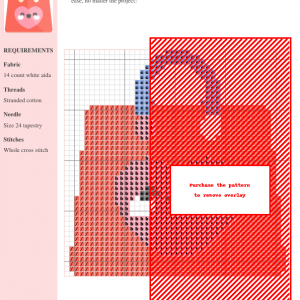 Cross stitch pattern of a red shopping bag featuring a pink kawaii heart with a smiling face.
