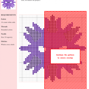 Image of a cross stitch pattern depicting a cute, purple sea urchin with a cartoonish face.