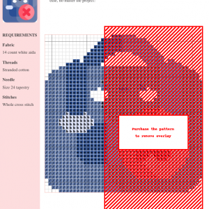 Image of a cross-stitch pattern featuring a cute, cartoon briefcase with a red 'X' mark, symbolizing unemployment.