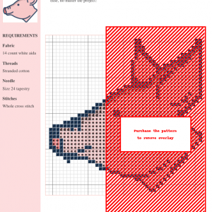 Cross stitch pattern of a cute pig's head, featuring pink and blue thread colors.