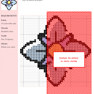 Image of a clematis cross stitch pattern featuring a stylized light blue flower with a yellow center and purple accents.