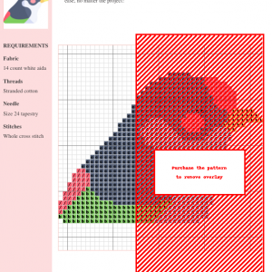 Cross stitch pattern of a charming pin-tailed manakin bird, featuring grey, green, red, and yellow colors.