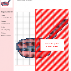 A charming cross-stitch pattern depicting a red frying pan with a gray handle.