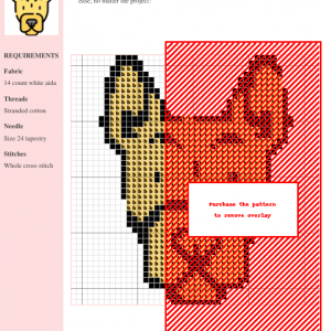 Cross stitch pattern featuring a cute, cartoon-style dog design. Yellow and gray color palette.