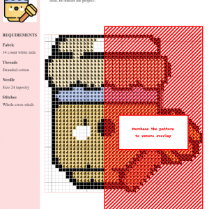 Cross stitch pattern of a cute honey jar with a honey dipper. Yellow, beige, and light blue colors are used in a kawaii style.