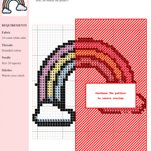 Cross stitch pattern depicting a pastel rainbow with fluffy clouds, ideal for crafting projects.