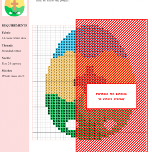 Cross stitch pattern of a cute Easter egg with a brown cross, pastel colors, and a smiling face.