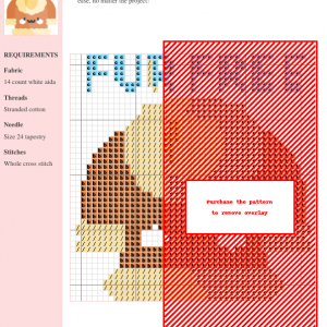 Cross stitch pattern of a cute, cartoon fur coat with a smiling face. Brown and cream colors.
