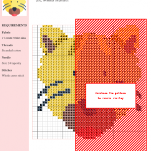 Cross stitch pattern of a stylized cougar head, featuring yellow fur, brown nose and ears, and a pink tongue.