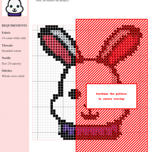 Cross stitch pattern featuring a cute white rabbit wearing a purple scarf. The design is simple yet charming, perfect for beginners.