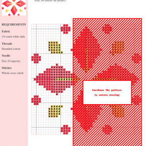 Cross stitch pattern featuring a geometric floral design in shades of red and gold. The design is symmetrical and features diamond shapes.