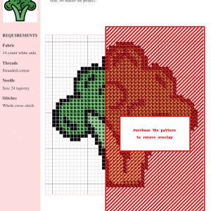 Image of a charming cross-stitch pattern depicting a head of broccoli in shades of green.