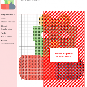 Cross stitch pattern design featuring a cute green gift box with a yellow bow, smiling face, and sitting on a red and gray mitten.