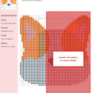 Image of a charming cross stitch pattern featuring a cute corgi dog design. The corgi's face is depicted in orange, white, and dark gray.