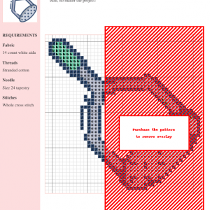 Image of a cross-stitch pattern depicting a potato masher, featuring a teal handle and metallic grey body. The design is simple yet charming.